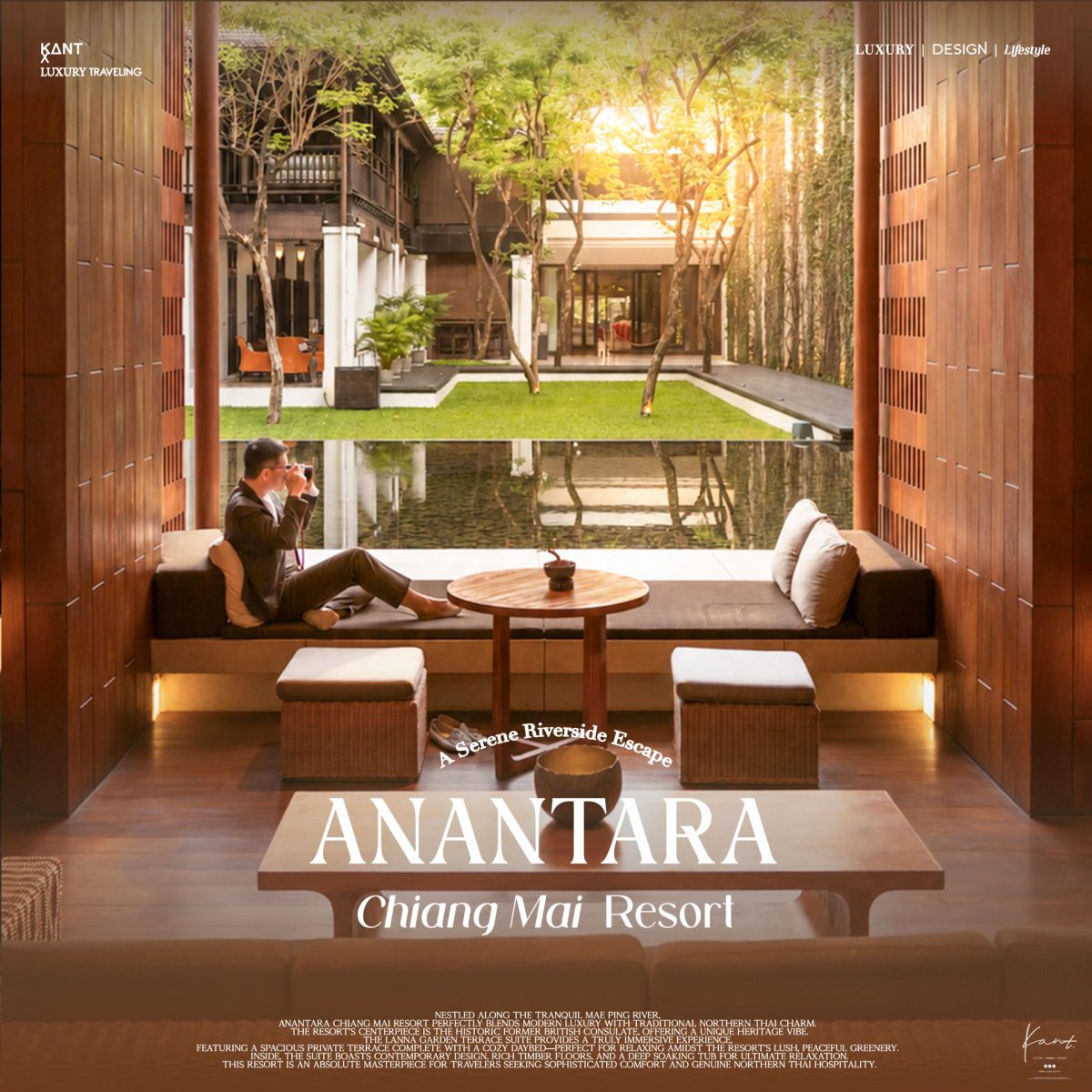 มุมพักผ่อนในศาลาริมสระสะท้อนน้ำของ Anantara Chiang Mai Resort ผู้เข้าพักนั่งชมวิว