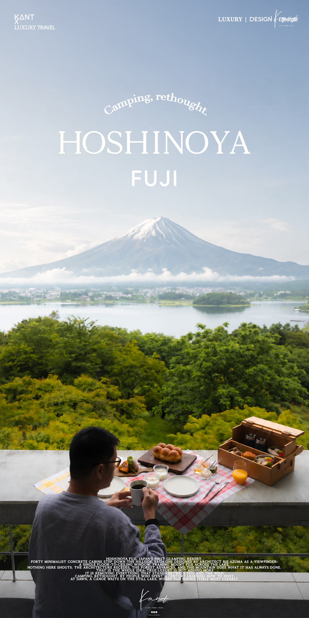 การ์ดเปิดรีวิว HOSHINOYA Fuji ภาพภูเขาไฟฟูจิเหนือทะเลสาบคาวากุจิและมื้อเช้าริมระเบียง