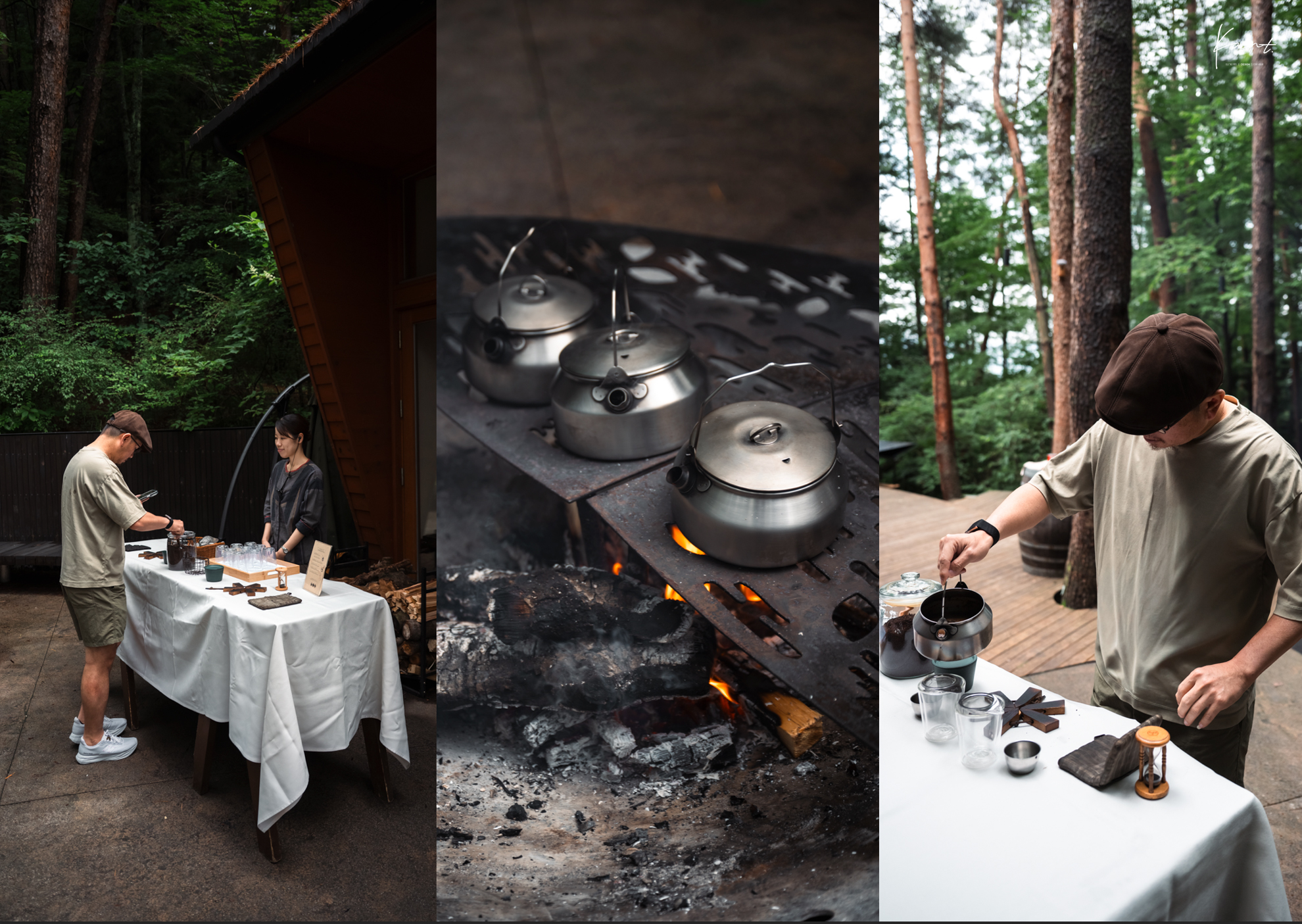 มุมรับประทานอาหารกลางแจ้งริมกองไฟในป่าที่ HOSHINOYA Fuji