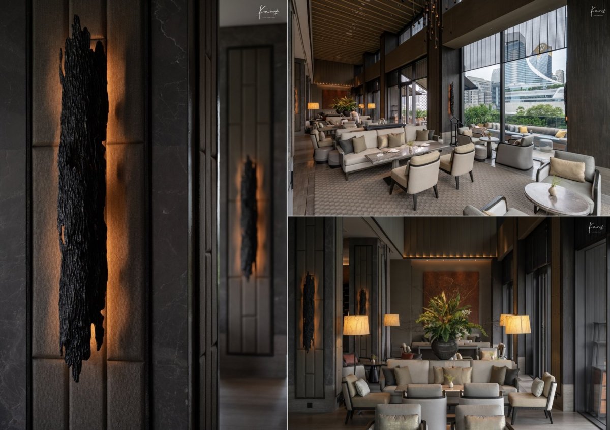 ประติมากรรมผนังทรงยาวที่ทำหน้าที่เป็นโคมไฟบริเวณเสาของ 1872 Lounge and Bar
