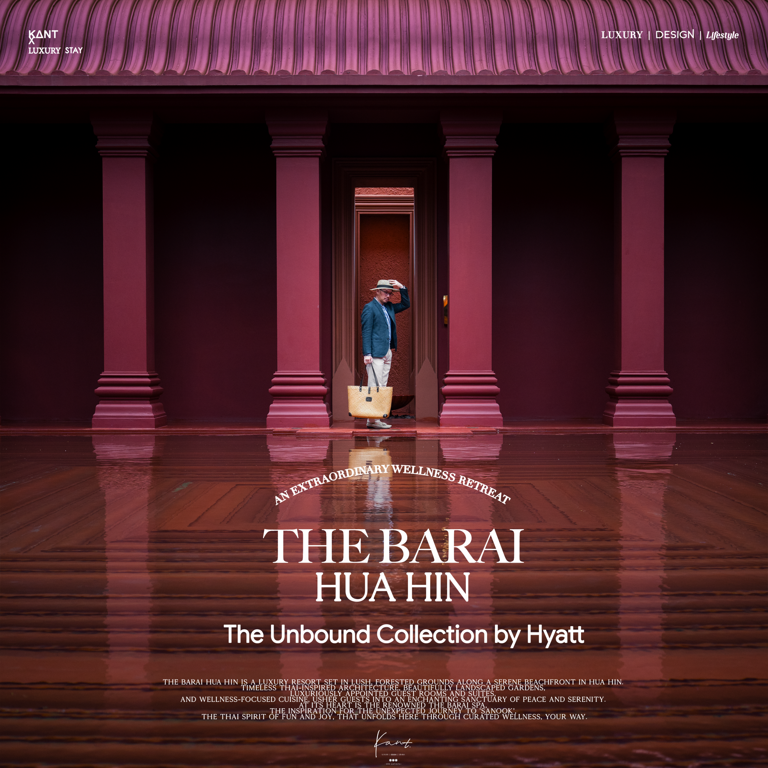 ปกรีวิว THE BARAI HUA HIN โถงทางเดินสีแดงเบอร์กันดีพร้อมชื่อโรงแรมและแบรนด์ The Unbound Collection by Hyatt