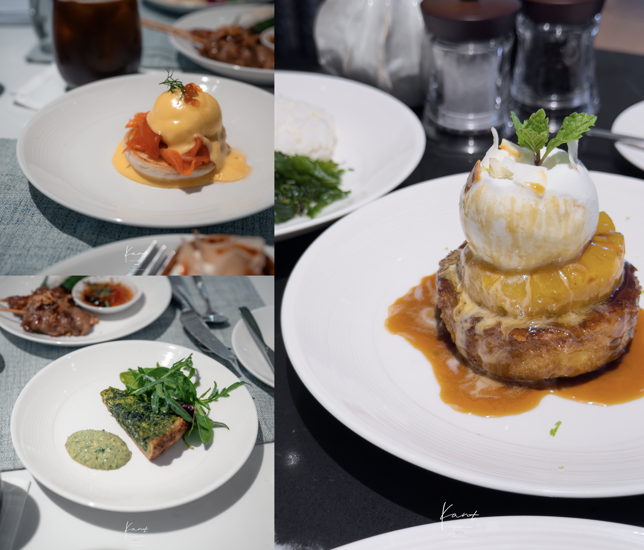 จานอาหารเช้า Eggs Royale หมูปิ้งข้าวเหนียว และเครื่องเคียง