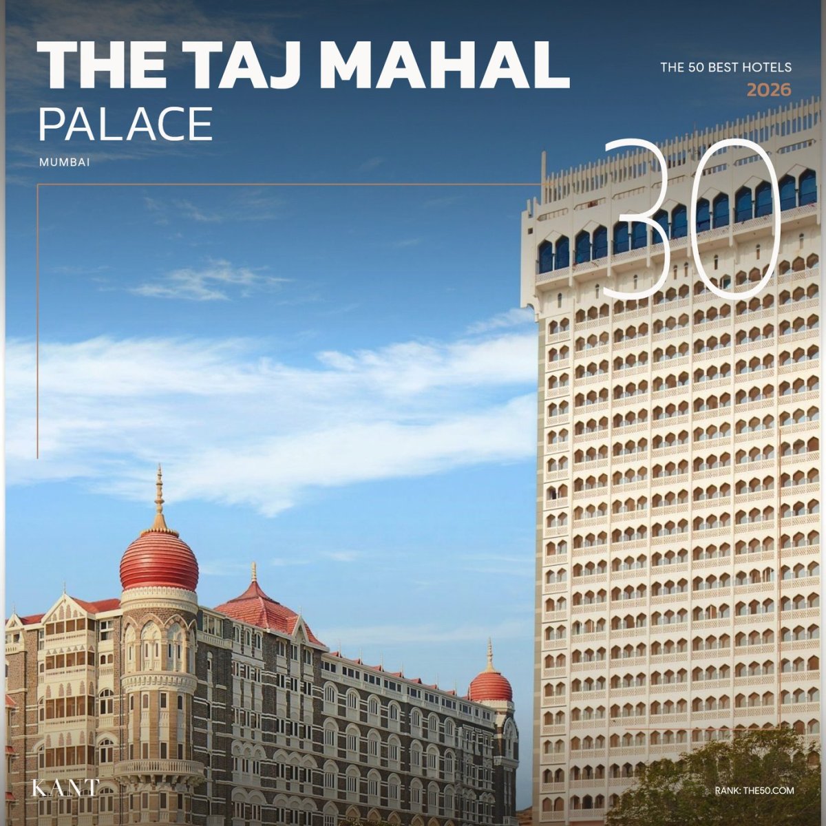 การ์ดอันดับ 30 The World’s 50 Best Hotels 2026 — The Taj Mahal Palace มุมไบ