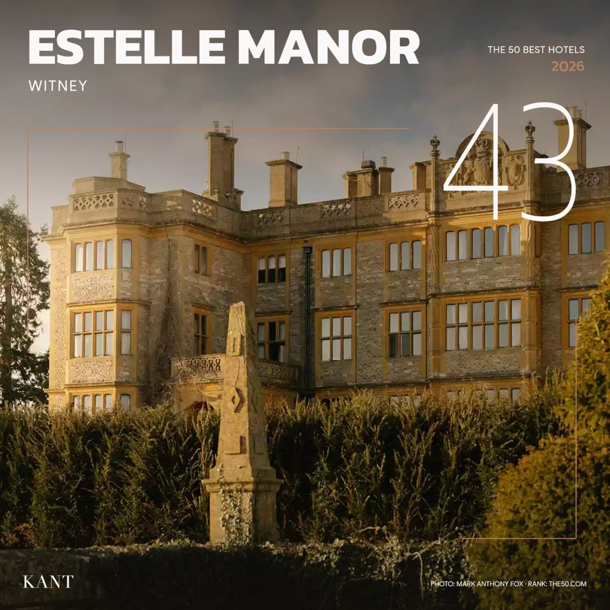 การ์ดอันดับ 43 The World’s 50 Best Hotels 2026 — Estelle Manor อ็อกซ์ฟอร์ดเชียร์ อังกฤษ