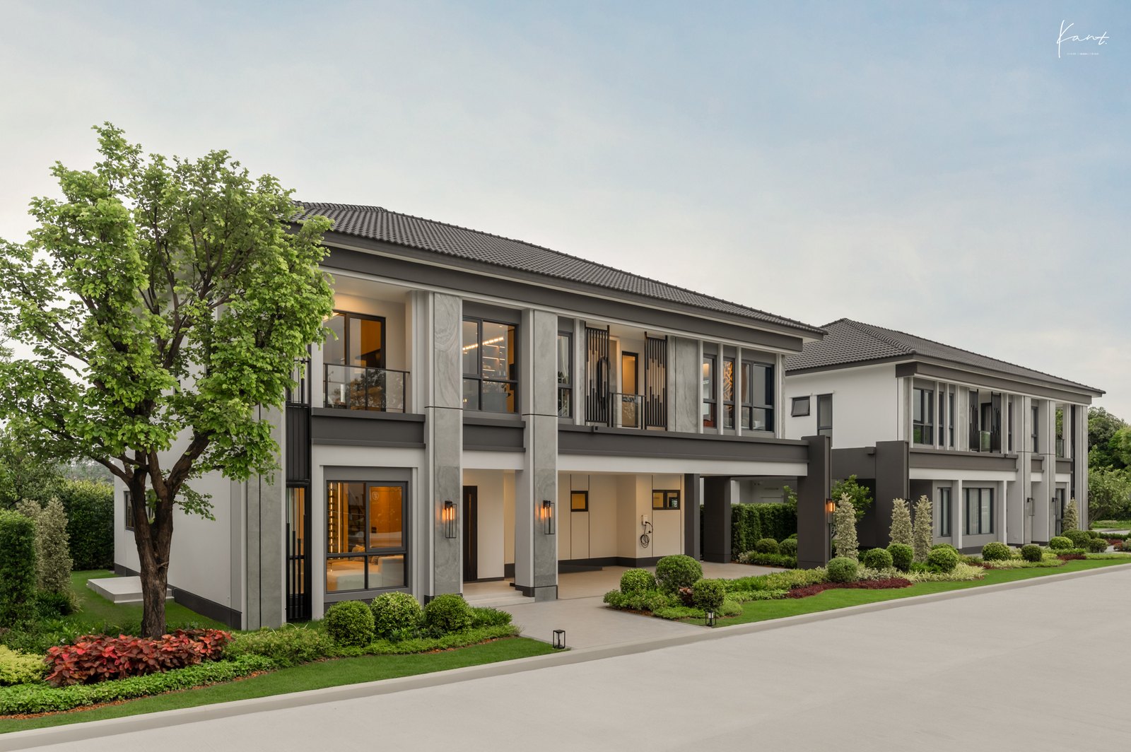 ฟาซาดบ้านเดี่ยวสองชั้นสไตล์ Contemporary Luxury ริมถนนภายในโครงการ