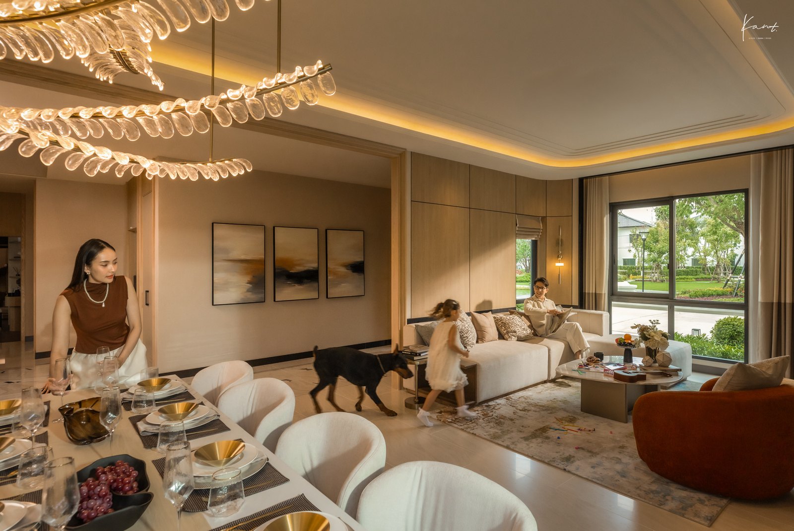 ห้องนั่งเล่นต่อเนื่องกับส่วนรับประทานอาหารในผัง Open Grand Space