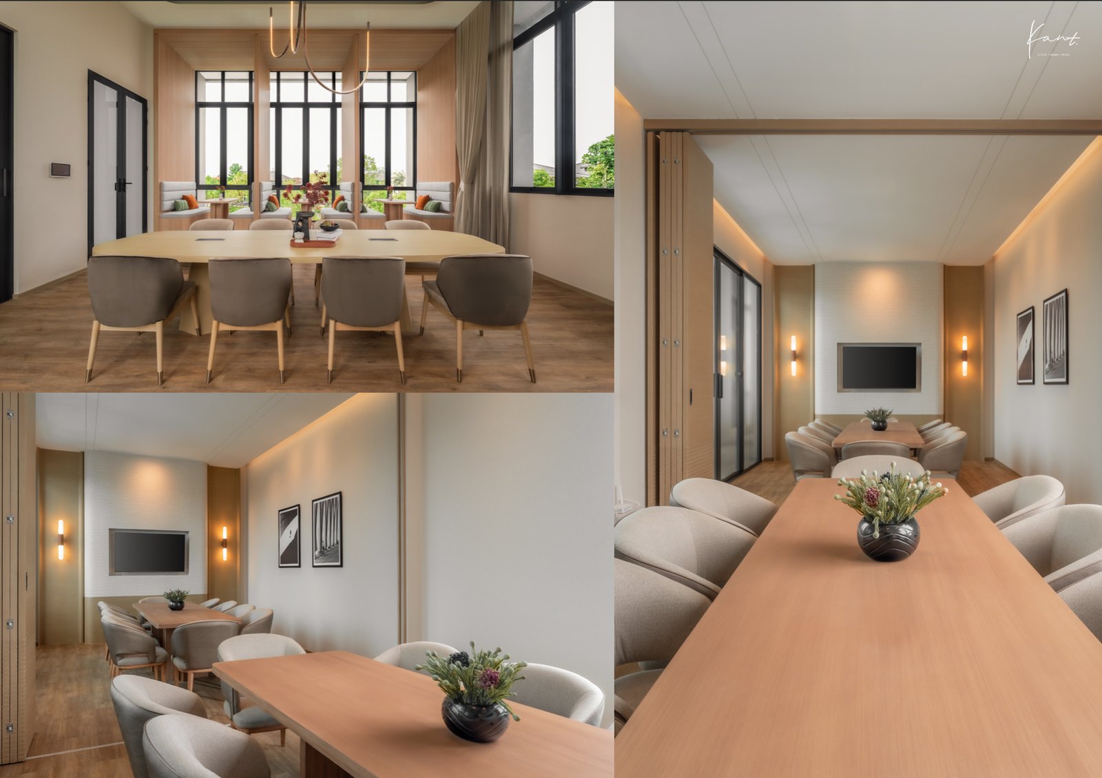 ห้องประชุมของ The Club พร้อมโต๊ะยาว จอภาพ และฉากกั้น