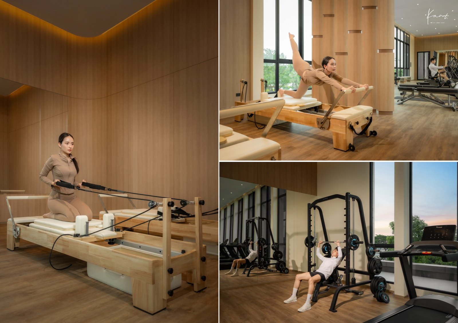 โซน Pilates Reformer ที่แยกด้วยผนังไม้ทรงโค้ง