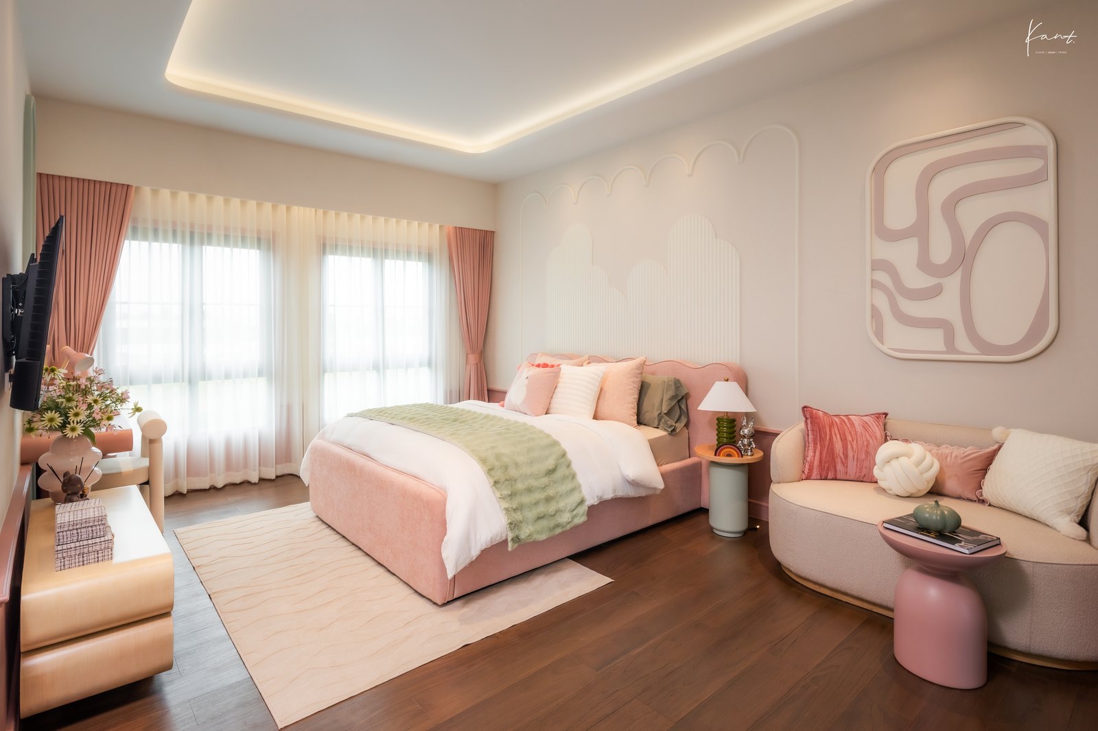ห้องนอนลูกสาวโทนชมพูอ่อนตัดเขียวมิ้นต์ THE CITY รามอินทรา - วงแหวน 3