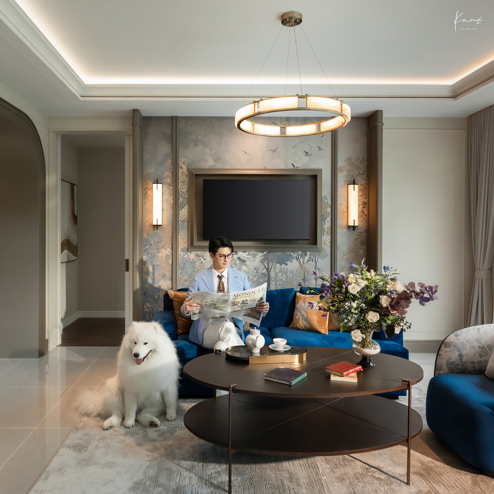 ห้องนั่งเล่นกรุผนัง Chinoiserie ลายนกกระเรียน THE CITY รามอินทรา - วงแหวน 3