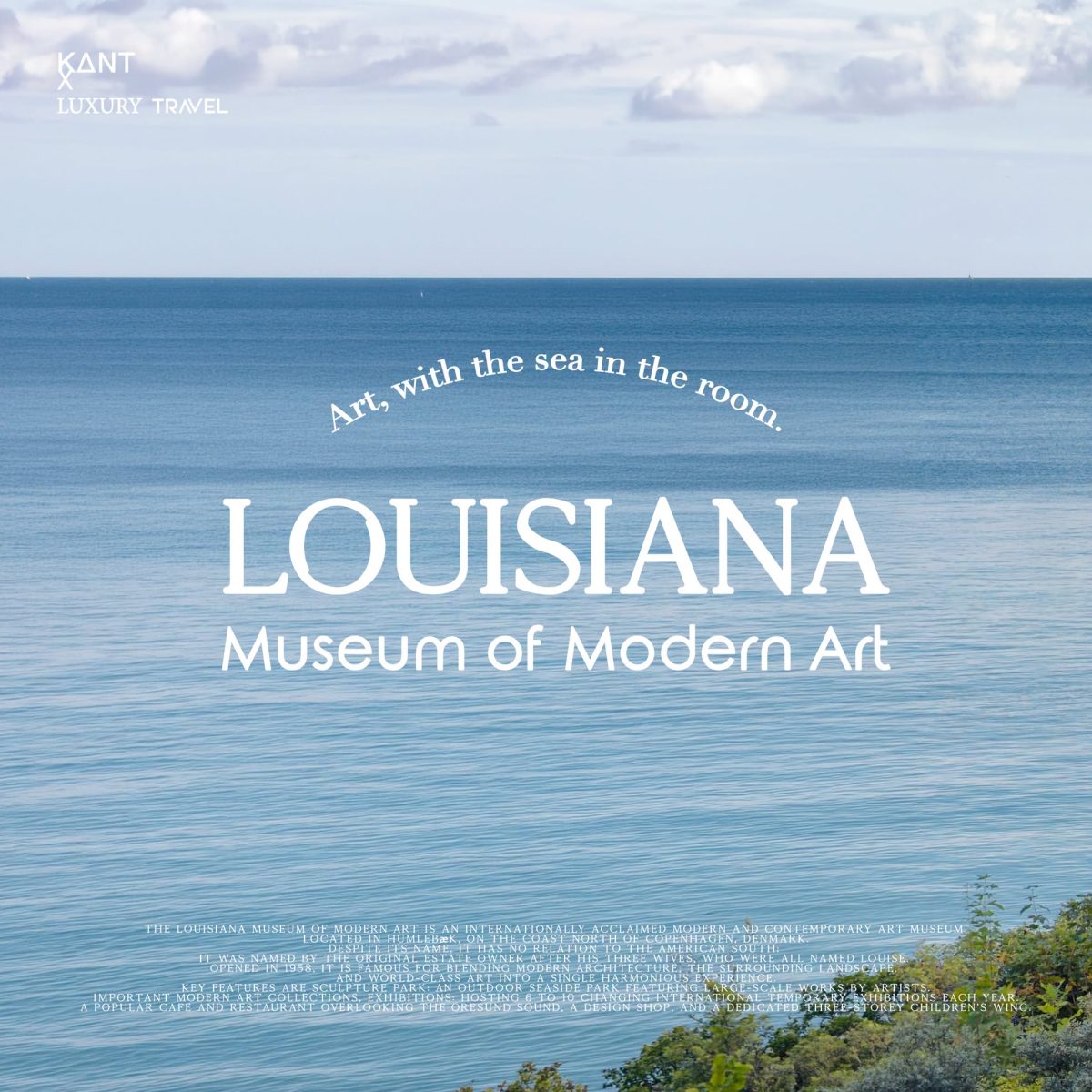 ภาพปก Louisiana Museum of Modern Art ตัวหนังสือชื่อพิพิธภัณฑ์บนวิวทะเลช่องแคบ Øresund