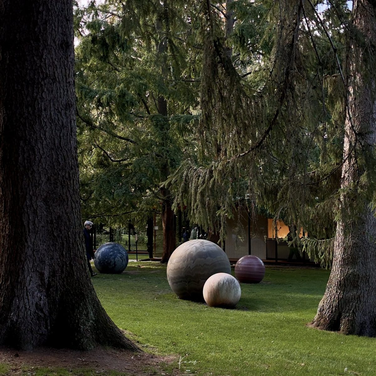ทรงกลมหินของ Alicja Kwade วางกระจายบนสนามหญ้าใต้ต้นไม้ใหญ่ใน Sculpture Park