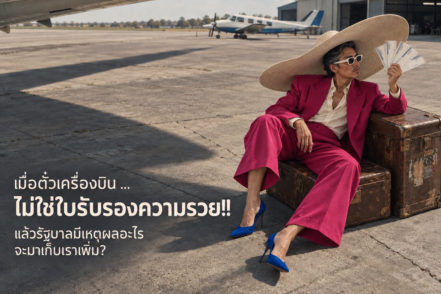 ภาพปกบทความ ชายในสูทสีชมพูสวมหมวกปีกกว้างนั่งบนกระเป๋าเดินทางกลางลานจอดเครื่องบิน กับข้อความว่าเมื่อตั๋วเครื่องบินไม่ใช่ใบรับรองความรวย